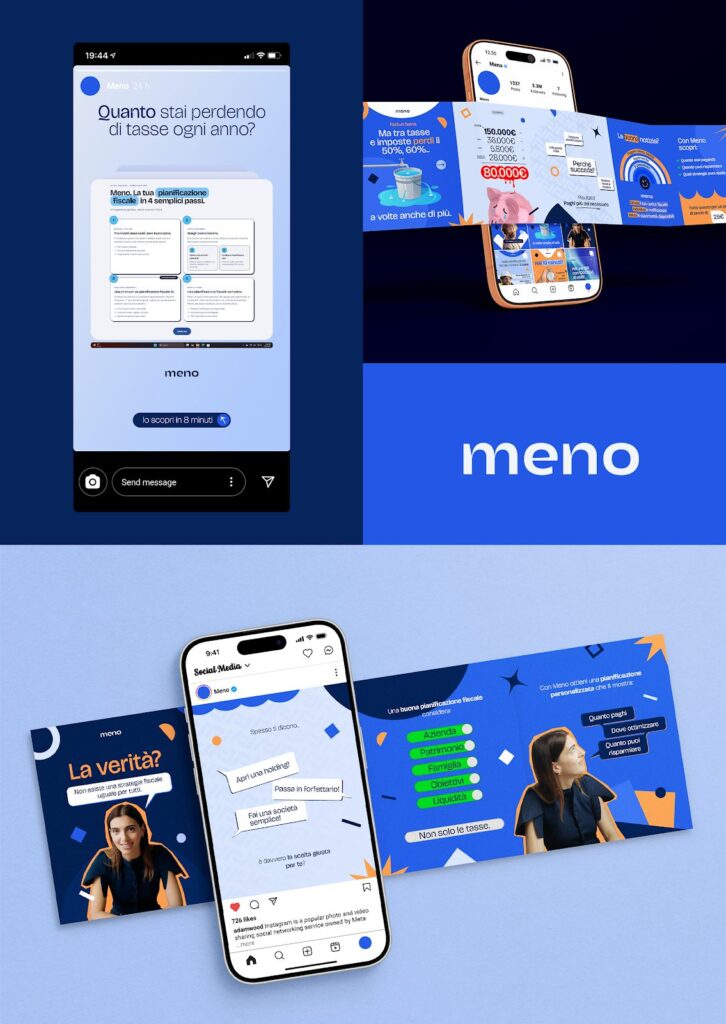 Proposta di grafiche social per Meno: caroselli, storie e post Instagram, progetto di LC Creative Studio
