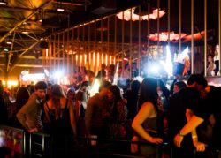 Ospiti al bar con bottiglie luminose e gabbie dorate
