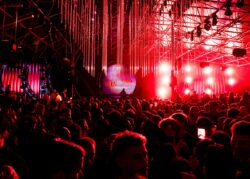 Folla davanti al palco con luci rosse e schermi viola
